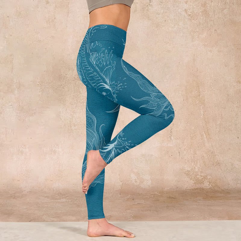 Buddha Stones Blue Koi Fish Flowing Waves Print Gym Leggings Women's Yoga Pants - image 15