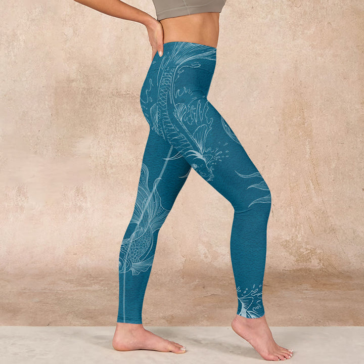 Buddha Stones Blue Koi Fish Flowing Waves Print Gym Leggings Women's Yoga Pants - image 16