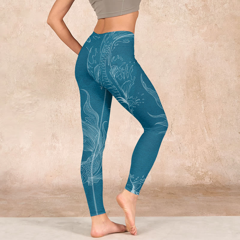 Buddha Stones Blue Koi Fish Flowing Waves Print Gym Leggings Women's Yoga Pants - image 2