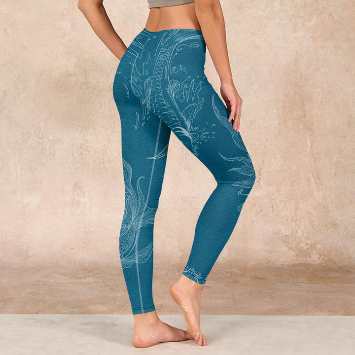 Buddha Stones Blue Koi Fish Flowing Waves Print Gym Leggings Women's Yoga Pants - image 14