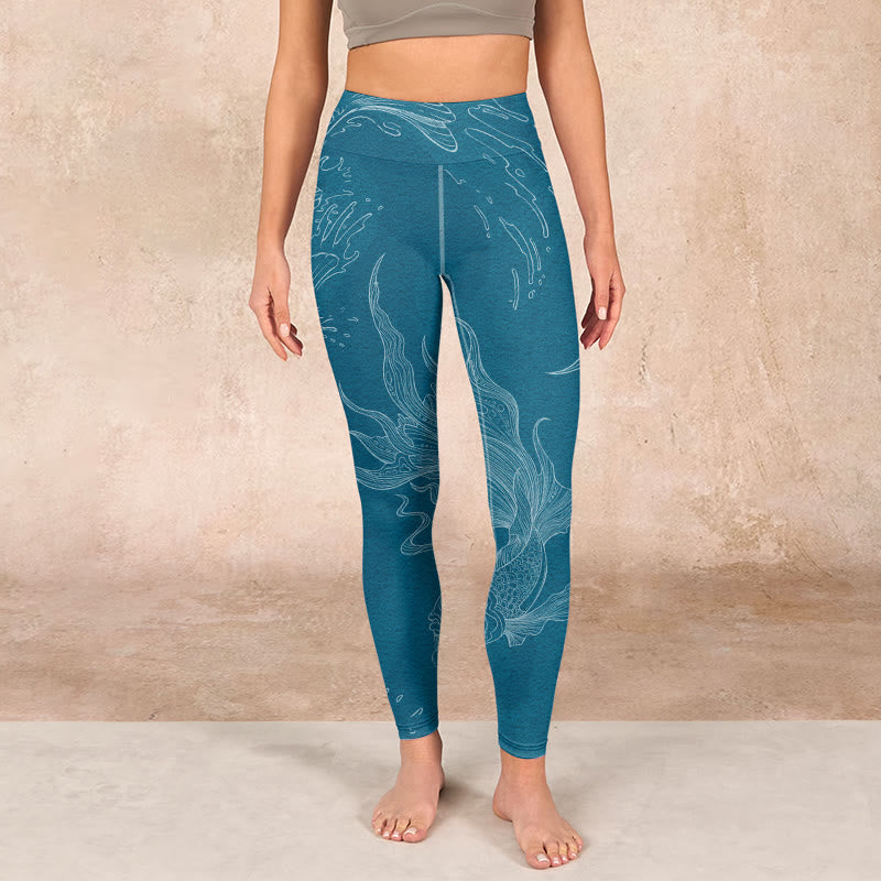 Buddha Stones Blue Koi Fish Flowing Waves Print Gym Leggings Women's Yoga Pants - image 1