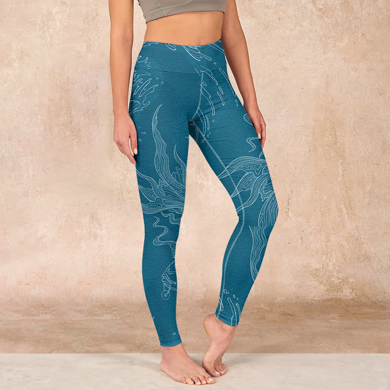 Buddha Stones Blue Koi Fish Flowing Waves Print Gym Leggings Women's Yoga Pants - CadetBlue - US18，UK/AU22，EU50 (4XL) - image 0