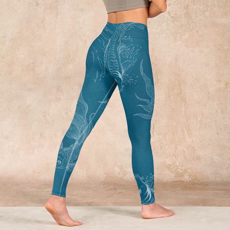 Buddha Stones Blue Koi Fish Flowing Waves Print Gym Leggings Women's Yoga Pants - image 4