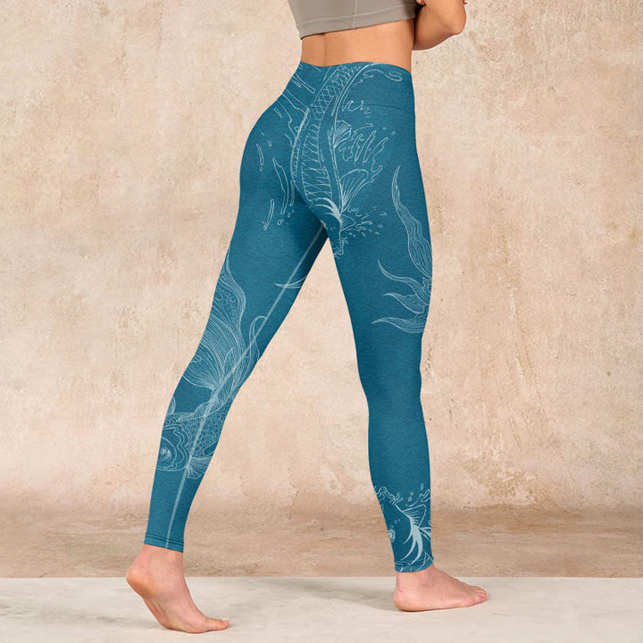 Buddha Stones Blue Koi Fish Flowing Waves Print Gym Leggings Women's Yoga Pants - image 4