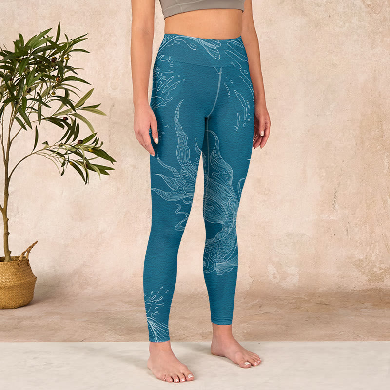 Buddha Stones Blue Koi Fish Flowing Waves Print Gym Leggings Women's Yoga Pants - image 3