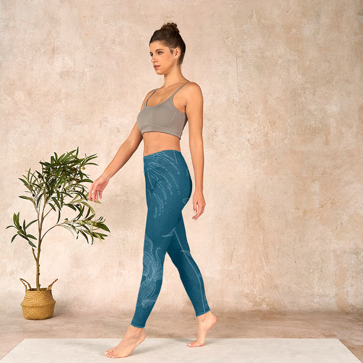 Buddha Stones Blue Koi Fish Flowing Waves Print Gym Leggings Women's Yoga Pants - image 12