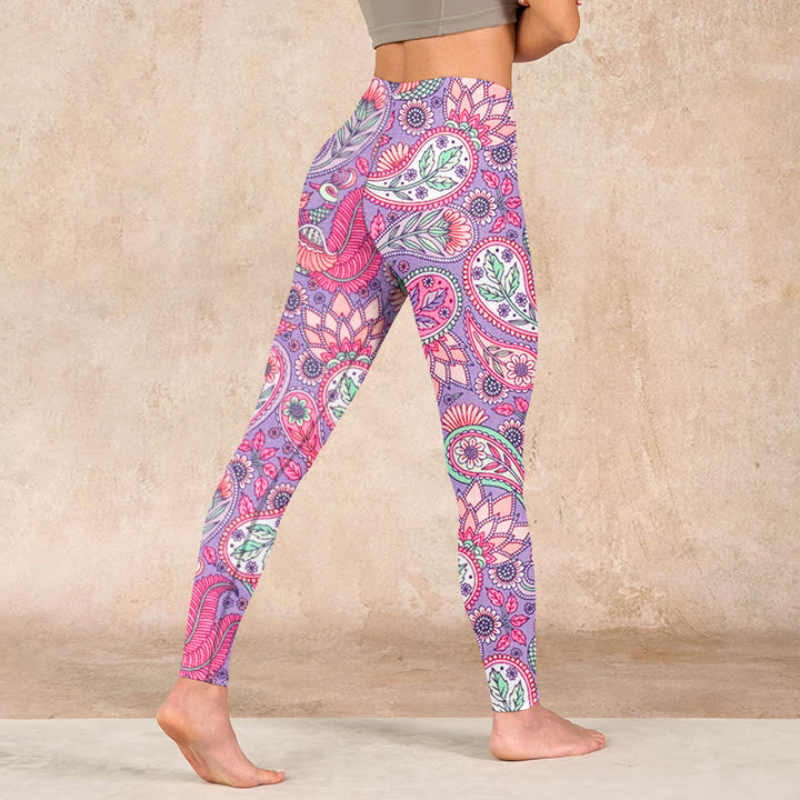Buddha Stones Purple Pink Cashew Flower Sunflower Print Gym Fitness Leggings Women's Yoga Pants - image 4