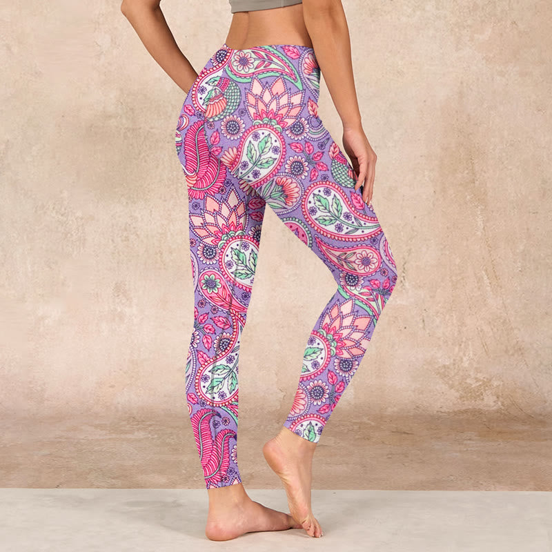 Buddha Stones Purple Pink Cashew Flower Sunflower Print Gym Fitness Leggings Women's Yoga Pants - image 2
