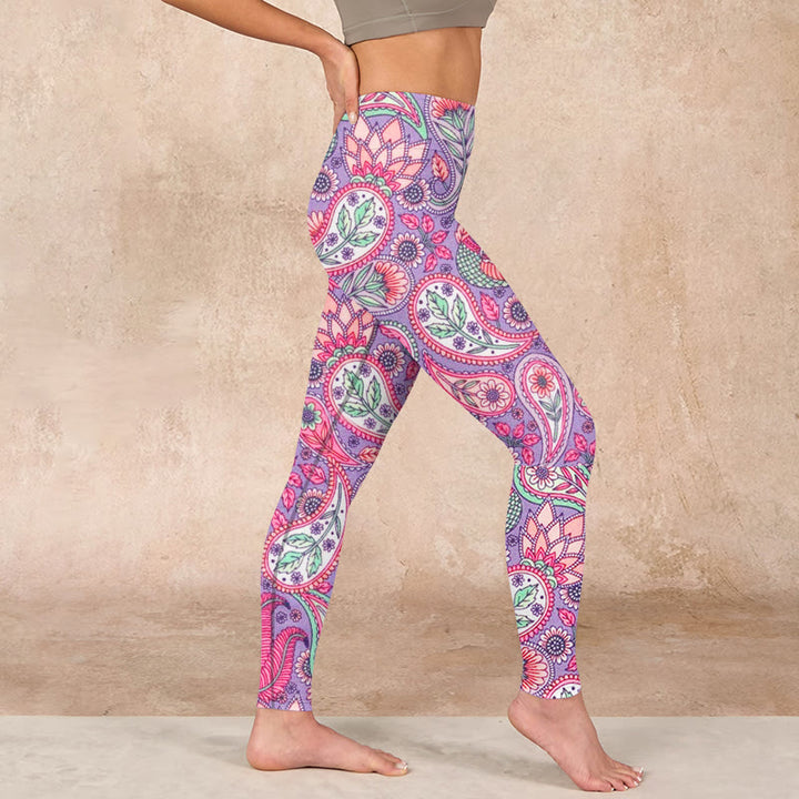 Buddha Stones Purple Pink Cashew Flower Sunflower Print Gym Fitness Leggings Women's Yoga Pants - image 16