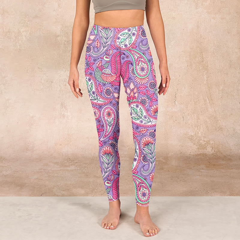 Buddha Stones Purple Pink Cashew Flower Sunflower Print Gym Fitness Leggings Women's Yoga Pants - image 1