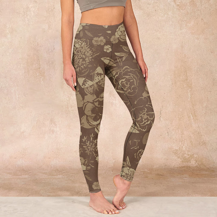 Buddha Stones Peony Flowers Leaves Blossom Print Gym Fitness Leggings Women's Yoga Pants - DarkKhaki - US18，UK/AU22，EU50 (4XL) - image 17