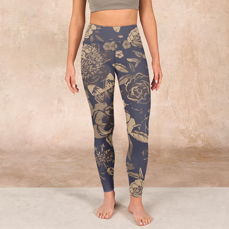 Buddha Stones Peony Flowers Leaves Blossom Print Gym Fitness Leggings Women's Yoga Pants - image 1