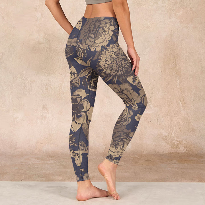 Buddha Stones Peony Flowers Leaves Blossom Print Gym Fitness Leggings Women's Yoga Pants - image 2