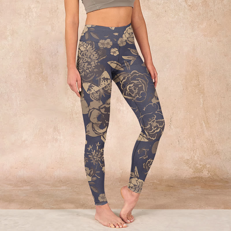 Buddha Stones Peony Flowers Leaves Blossom Print Gym Fitness Leggings Women's Yoga Pants - Thistle - US18，UK/AU22，EU50 (4XL) - image 0