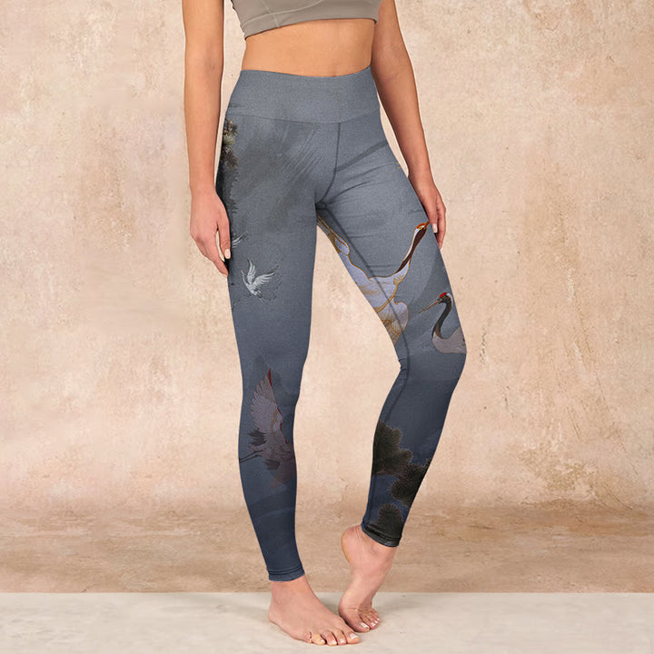 Buddha Stones Auspicious White Crane Pine Tree Print Gym Leggings Women's Yoga Pants - Gray - US18，UK/AU22，EU50 (4XL) - image 0