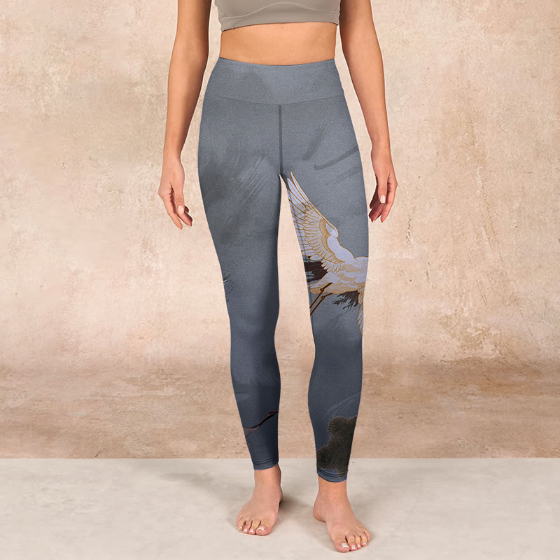 Buddha Stones Auspicious White Crane Pine Tree Print Gym Leggings Women's Yoga Pants - image 1