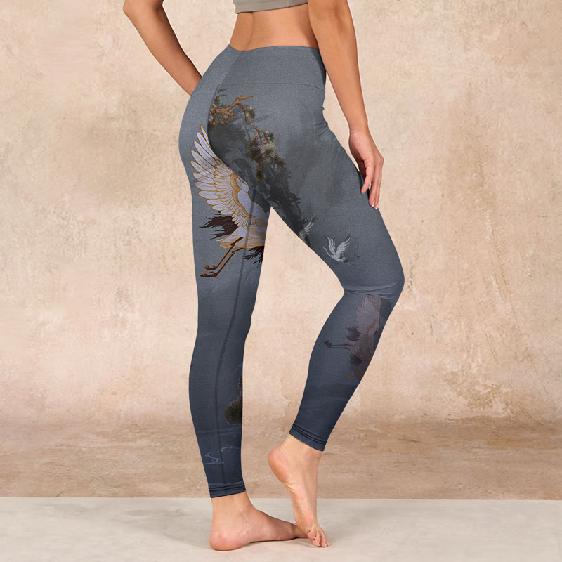 Buddha Stones Auspicious White Crane Pine Tree Print Gym Leggings Women's Yoga Pants - image 14