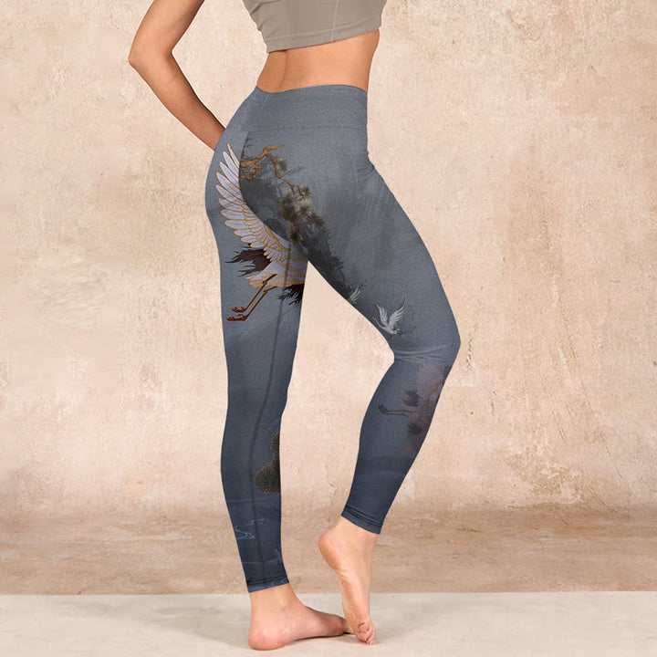 Buddha Stones Auspicious White Crane Pine Tree Print Gym Leggings Women's Yoga Pants - image 2