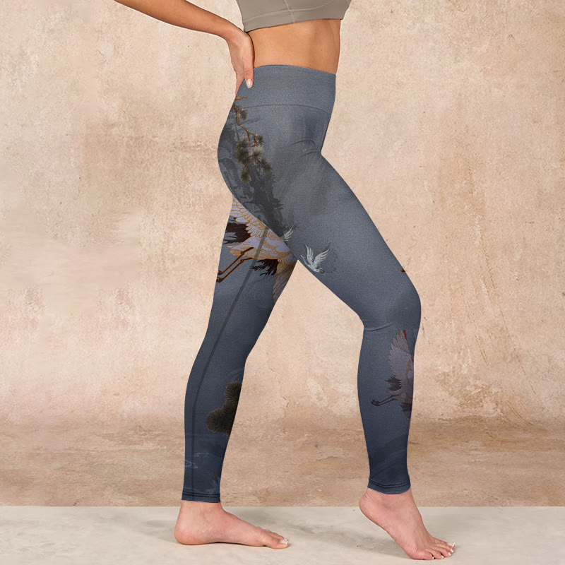 Buddha Stones Auspicious White Crane Pine Tree Print Gym Leggings Women's Yoga Pants - image 16