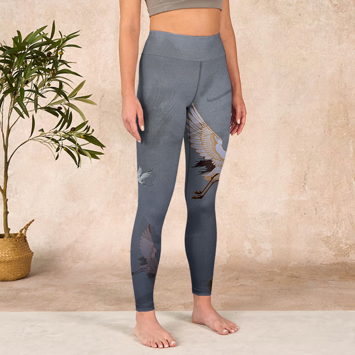 Buddha Stones Auspicious White Crane Pine Tree Print Gym Leggings Women's Yoga Pants - image 3
