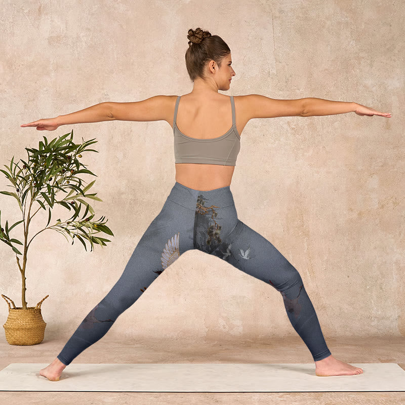 Buddha Stones Auspicious White Crane Pine Tree Print Gym Leggings Women's Yoga Pants - image 10