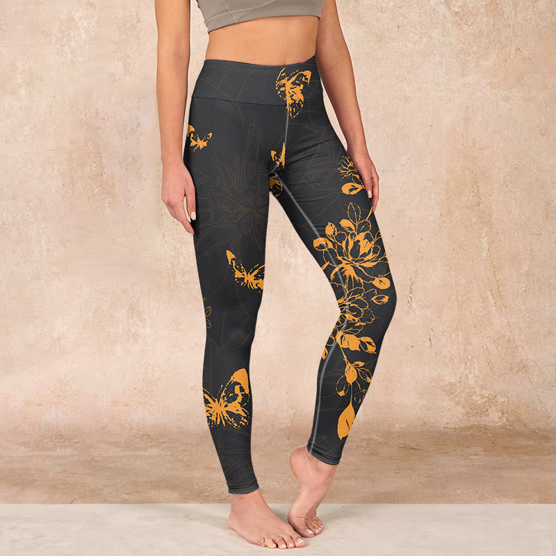 Buddha Stones Dark Grey Butterflies Peony Flowers Print Gym Leggings Women's Yoga Pants - DarkSlateGray - US18，UK/AU22，EU50 (4XL) - image 0