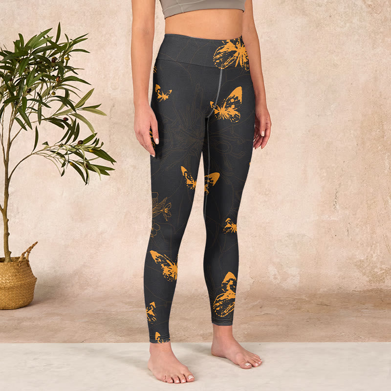 Buddha Stones Dark Grey Butterflies Peony Flowers Print Gym Leggings Women's Yoga Pants - image 3