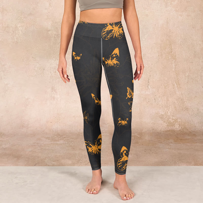 Buddha Stones Dark Grey Butterflies Peony Flowers Print Gym Leggings Women's Yoga Pants - image 1