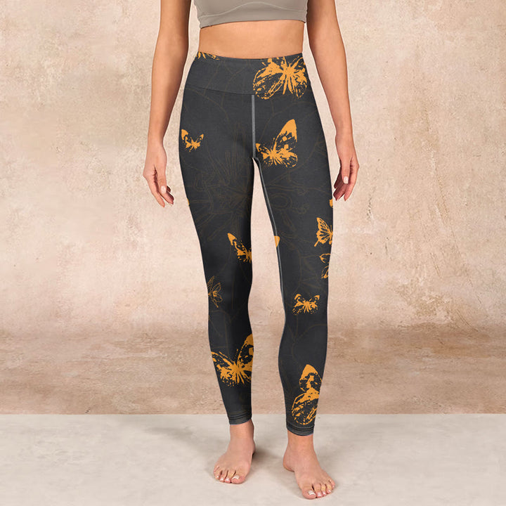 Buddha Stones Dark Grey Butterflies Peony Flowers Print Gym Leggings Women's Yoga Pants - image 1