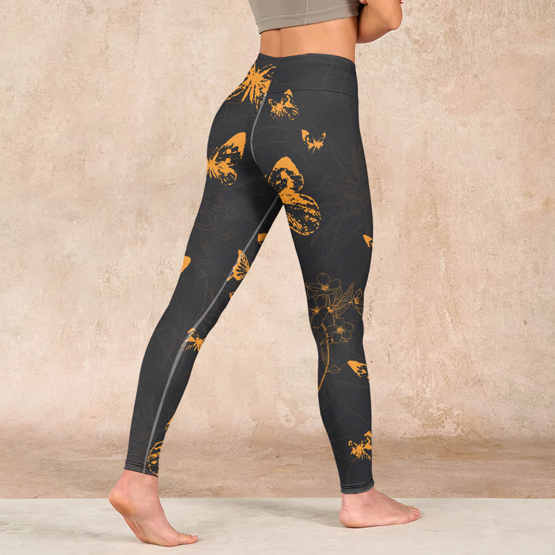 Buddha Stones Dark Grey Butterflies Peony Flowers Print Gym Leggings Women's Yoga Pants - image 4