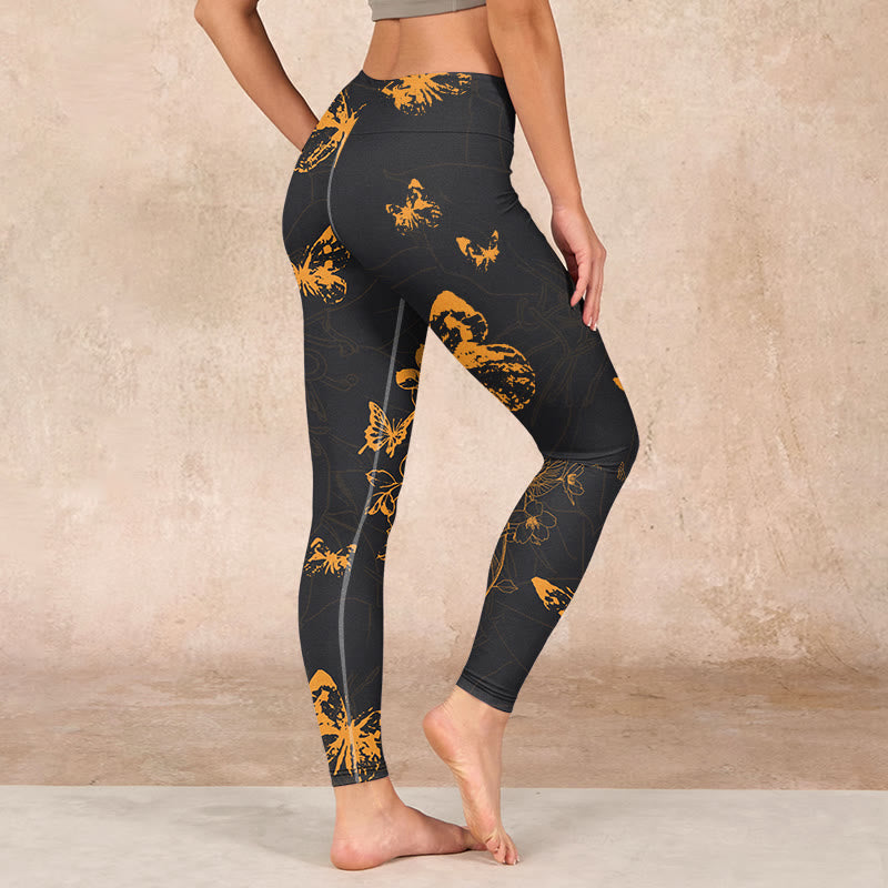 Buddha Stones Dark Grey Butterflies Peony Flowers Print Gym Leggings Women's Yoga Pants - image 2