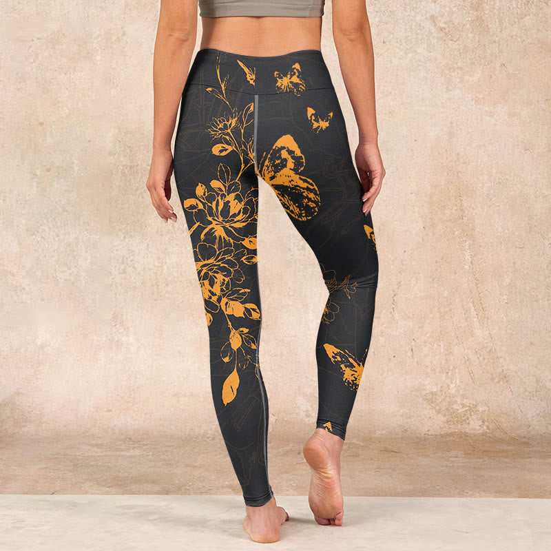 Buddha Stones Dark Grey Butterflies Peony Flowers Print Gym Leggings Women's Yoga Pants - image 14