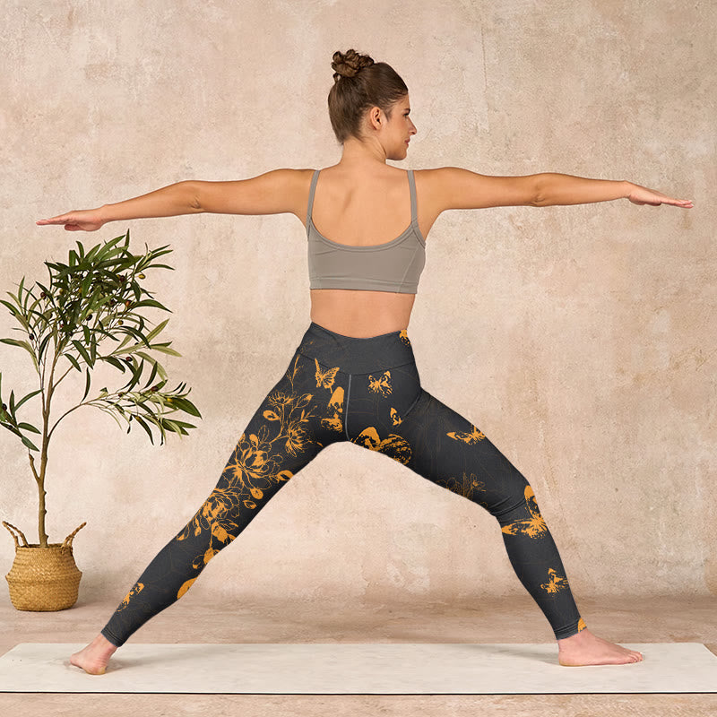 Buddha Stones Dark Grey Butterflies Peony Flowers Print Gym Leggings Women's Yoga Pants - image 10