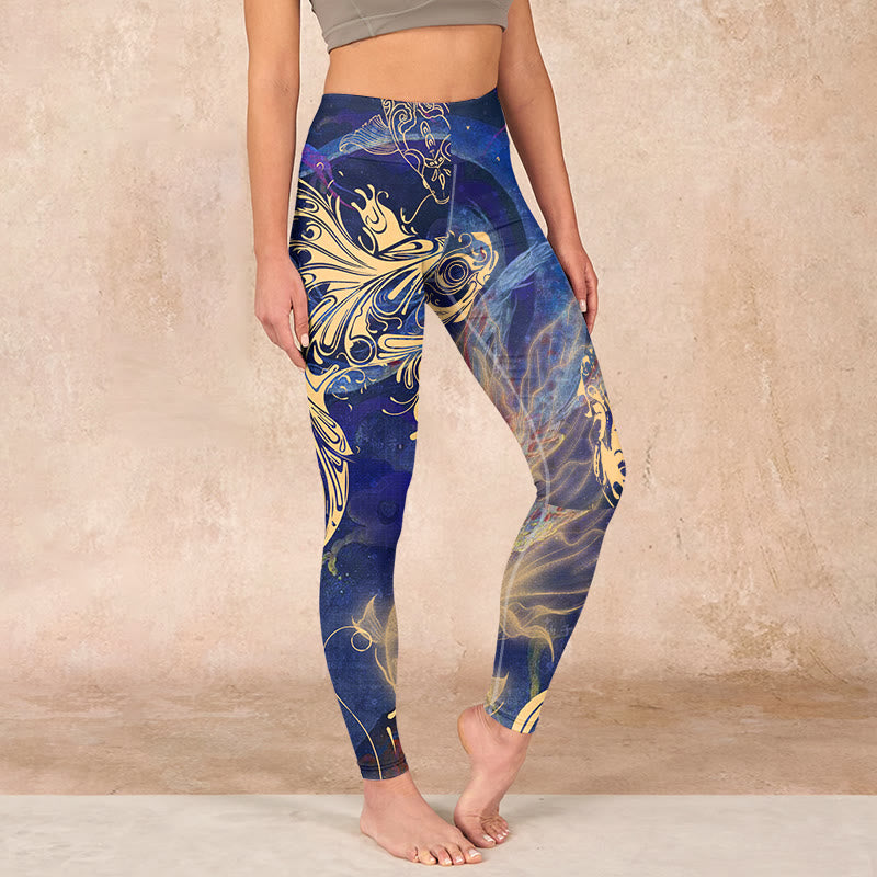 Buddha Stones Blue Koi Fish Auspicious Clouds Print Gym Leggings Women's Yoga Pants - MediumBlue - US18，UK/AU22，EU50 (4XL) - image 0