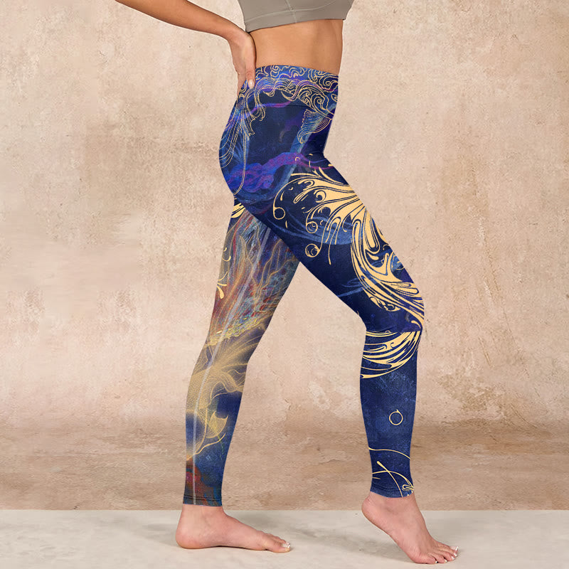 Buddha Stones Blue Koi Fish Auspicious Clouds Print Gym Leggings Women's Yoga Pants - image 16