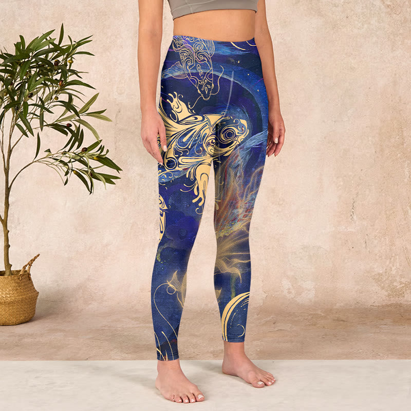 Buddha Stones Blue Koi Fish Auspicious Clouds Print Gym Leggings Women's Yoga Pants - image 3