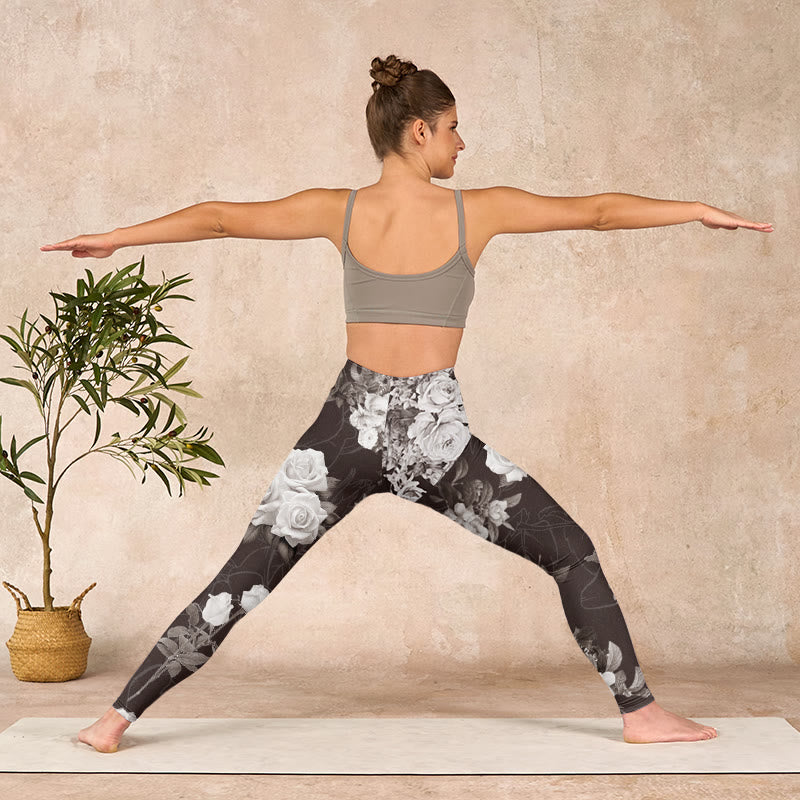 Buddha Stones Gray White Rose Print Gym Fitness Leggings Women's Yoga Pants - image 10