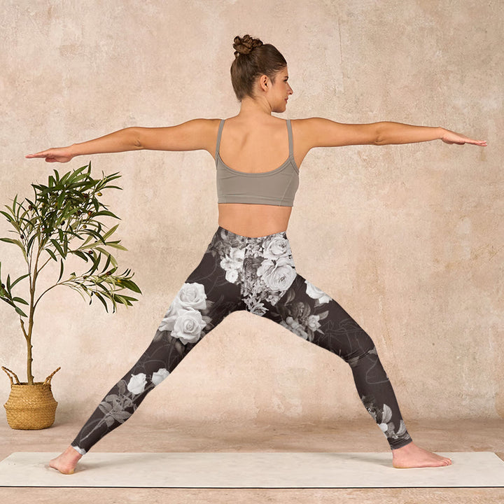 Buddha Stones Gray White Rose Print Gym Fitness Leggings Women's Yoga Pants - image 10