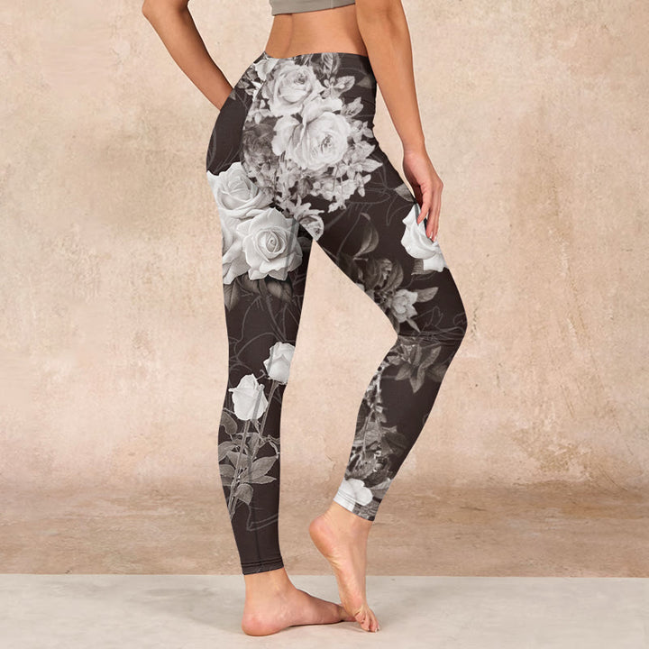 Buddha Stones Gray White Rose Print Gym Fitness Leggings Women's Yoga Pants - image 2