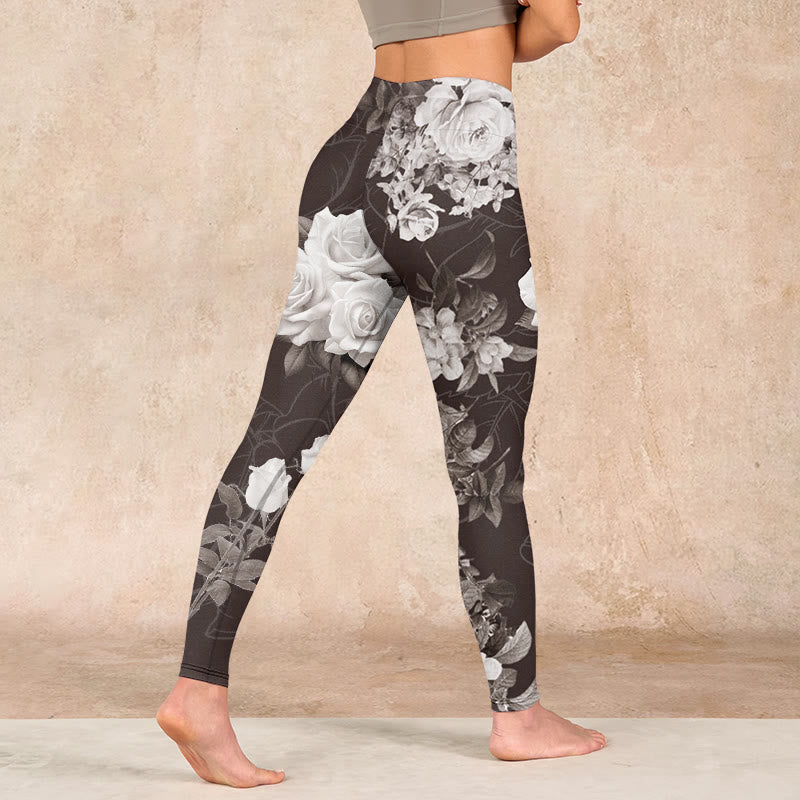 Buddha Stones Gray White Rose Print Gym Fitness Leggings Women's Yoga Pants - image 4