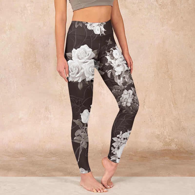 Buddha Stones Gray White Rose Print Gym Fitness Leggings Women's Yoga Pants - Gray - US18，UK/AU22，EU50 (4XL) - image 0
