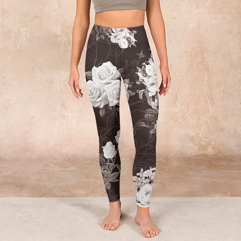 Buddha Stones Gray White Rose Print Gym Fitness Leggings Women's Yoga Pants - image 1