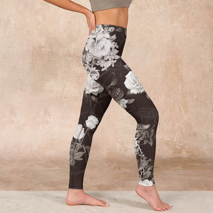 Buddha Stones Gray White Rose Print Gym Fitness Leggings Women's Yoga Pants - image 16