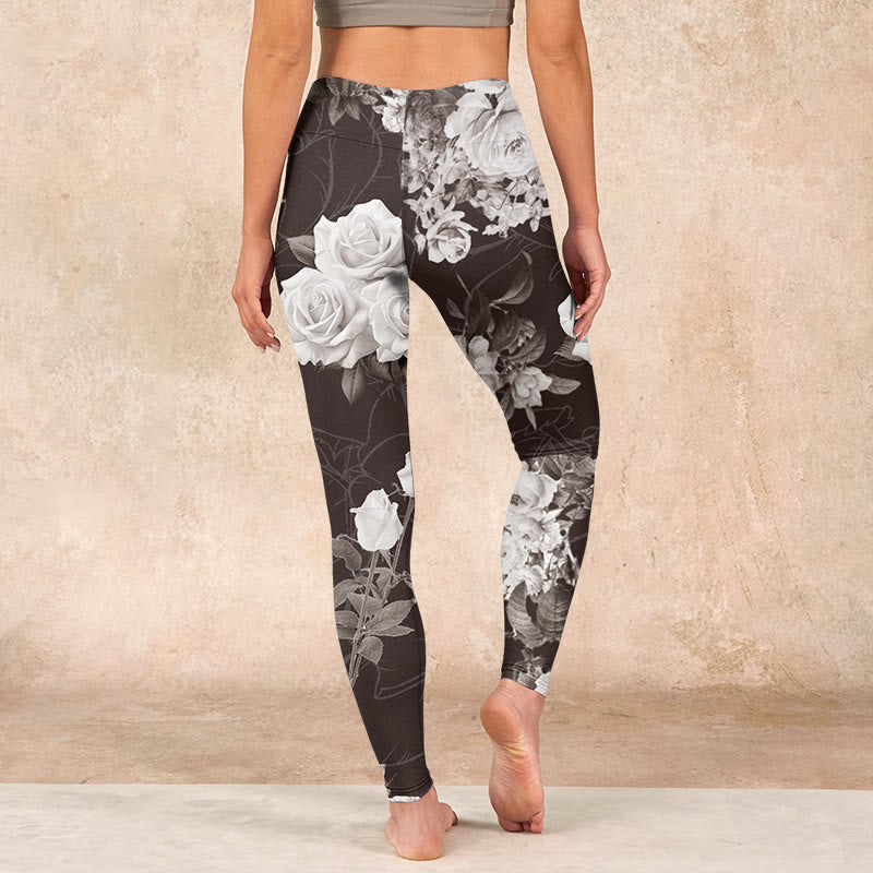 Buddha Stones Gray White Rose Print Gym Fitness Leggings Women's Yoga Pants - image 14