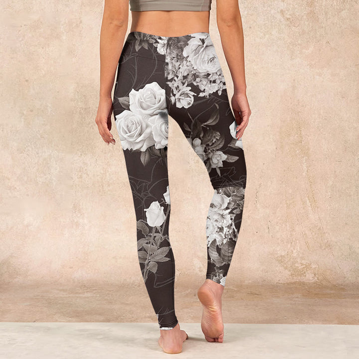 Buddha Stones Gray White Rose Print Gym Fitness Leggings Women's Yoga Pants - image 14