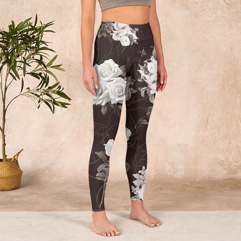 Buddha Stones Gray White Rose Print Gym Fitness Leggings Women's Yoga Pants - image 3