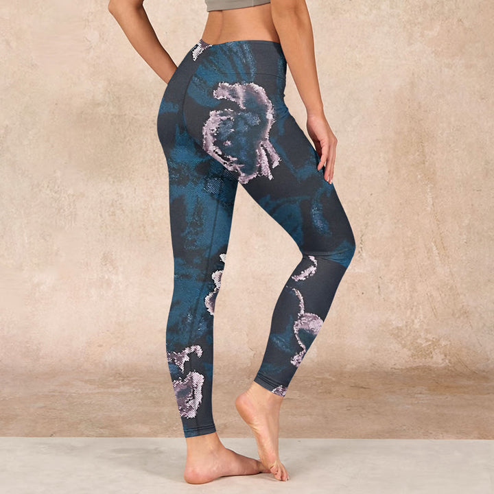 Buddha Stones SteelBlue Silver Flowers Print Exercise Leggings Women's Yoga Pants - image 2