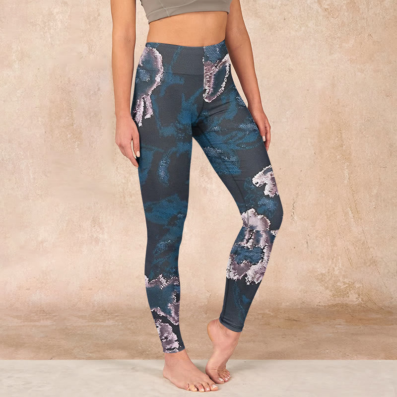 Buddha Stones SteelBlue Silver Flowers Print Exercise Leggings Women's Yoga Pants - SteelBlue - US18，UK/AU22，EU50 (4XL) - image 0