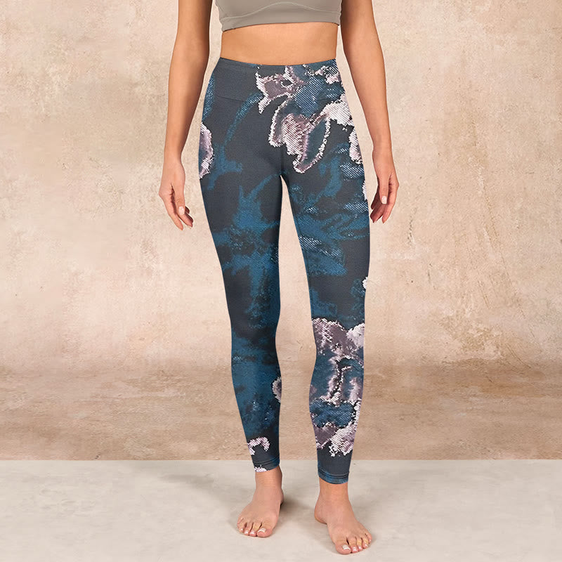Buddha Stones SteelBlue Silver Flowers Print Exercise Leggings Women's Yoga Pants - image 1