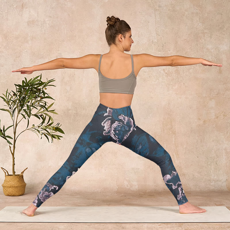Buddha Stones SteelBlue Silver Flowers Print Exercise Leggings Women's Yoga Pants - image 10